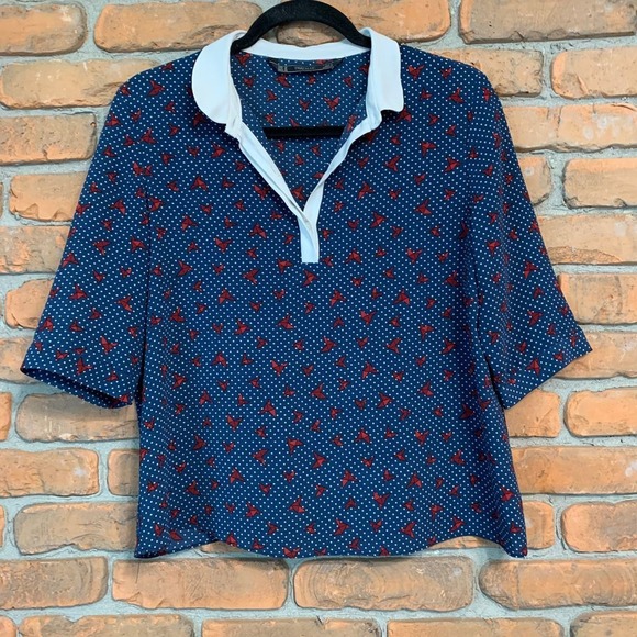 Zara Trafaluc Blouse Womens Medium Blue Origami White‎ Collar Short Sleeve Top - Picture 1 of 4